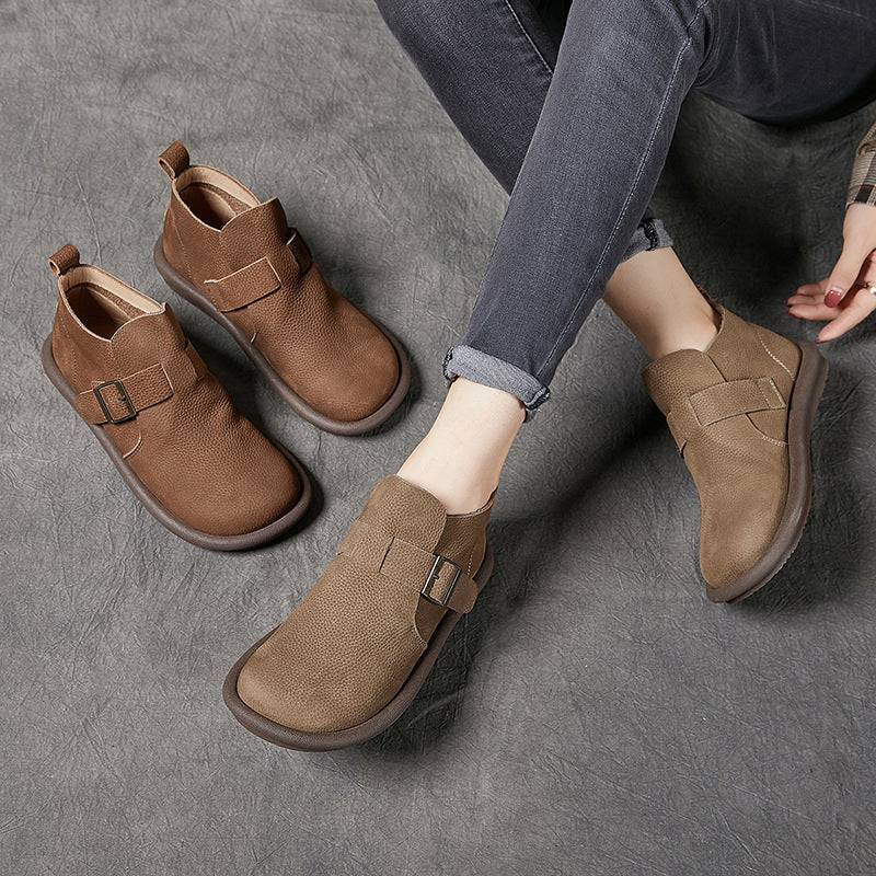 Women's Ankle Boots Leather Round Toe Retro Flat Shoes Casual Buckle Boots Khaki/Coffee