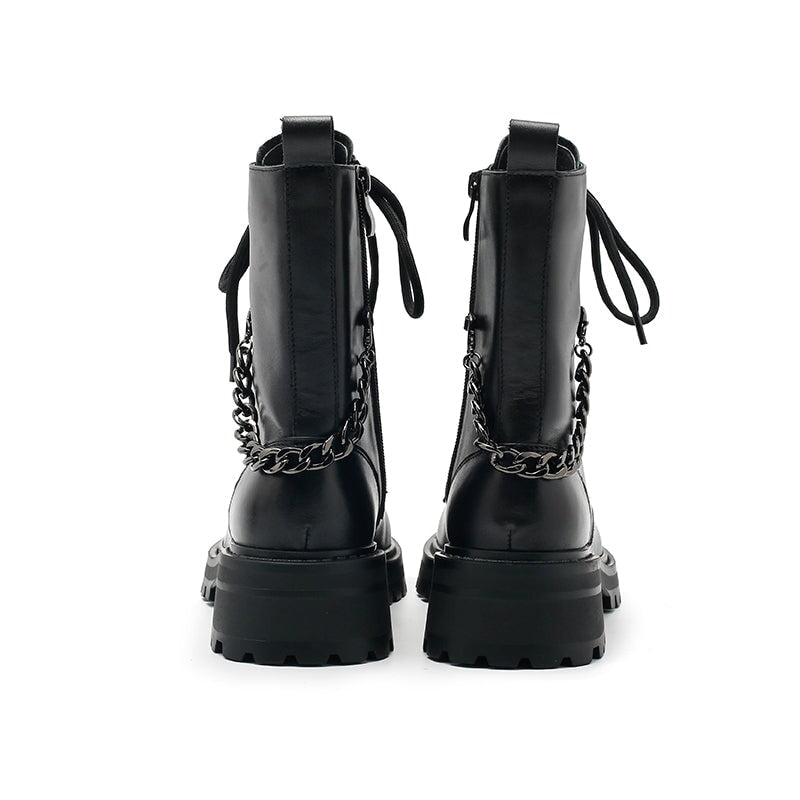 Leather Short Boots Lace up Combat Boots with Metal Chain Detail in Black