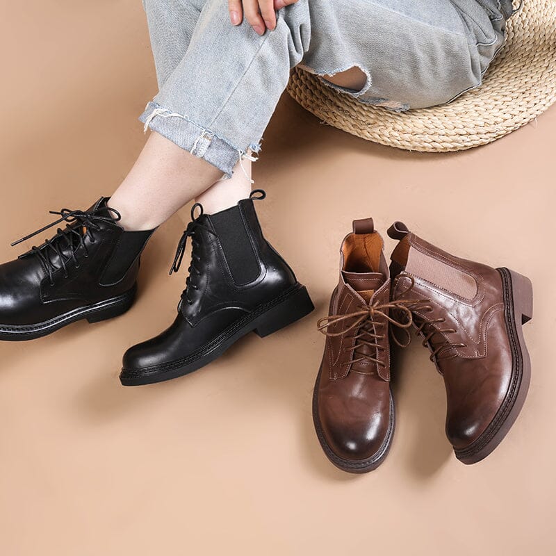 Handmade Boots Women Leather Lace-Up Oxfords Round Toe Chunky Ankle Booties