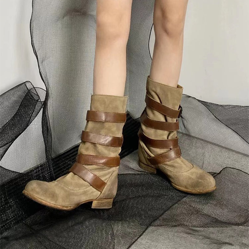 Riding Boots For Women Handmade Leather Mid Calf Boots Chunky Buckle Boots in Brown/Black