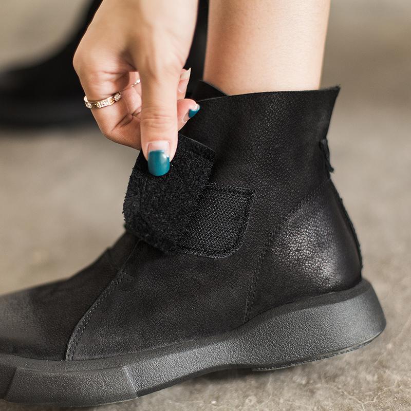 Waxing Leather Boots Velcro Ankle Boots Leather and Short Plush For Choice Black/Coffee