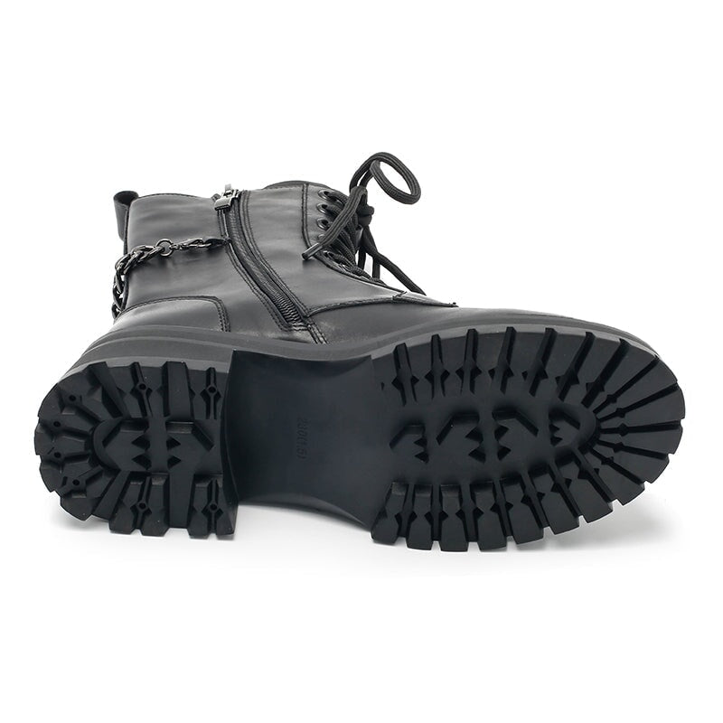 Leather Short Boots Lace up Combat Boots with Metal Chain Detail in Black