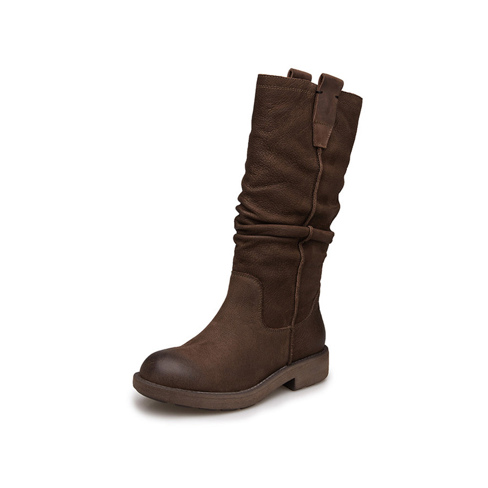 Nubuck Leather Mid Calf Boots Fold Design Riding Boots Short Plush Lined Or Leather For Choice Coffee/Black