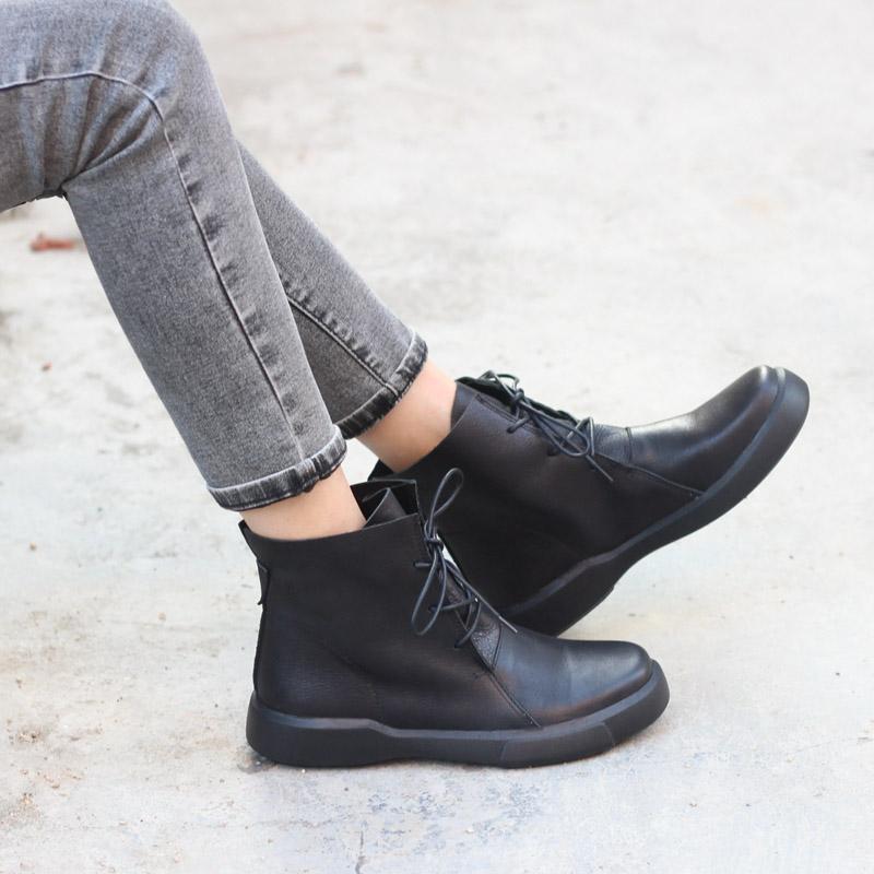 Women Retro Boots Lace Up Soft Leather Oxford Casual Walking Booties Brown/Black