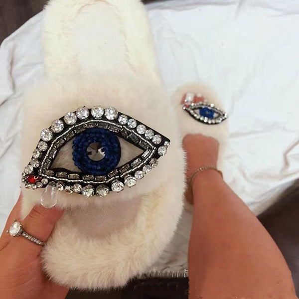 Rhinestone Eye Decor Faux Fur Comfort Slippers