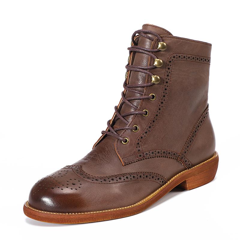 Handmade Wingtip Shoes Leather Boots Block Carving Brogue Ankle Boot For Women Black/Coffee