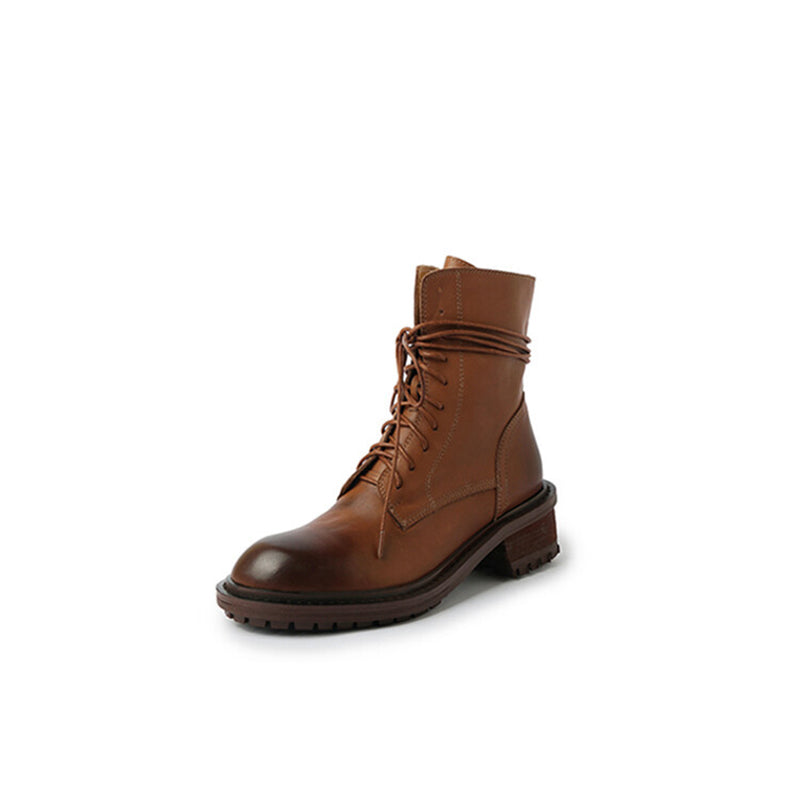 Cow Leather Combat Boots Designer Retro Chunky Lace up Boots Back Zip Brown/Black