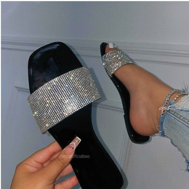 Women's Size Flat Bottom Rhinestone Square Toe Sandals