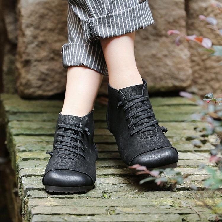 Women Ankle Booties Handmade Leather Low-Heel Square Toe Flat Riding Boots Brown/Black