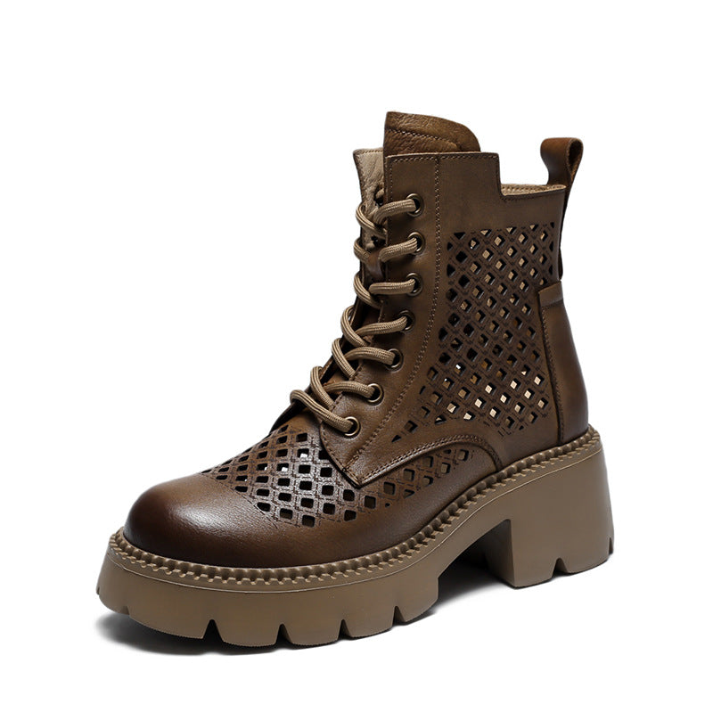 Women's Ankle Booties Round Toe Design Cut Out Boots Brown/Khaki
