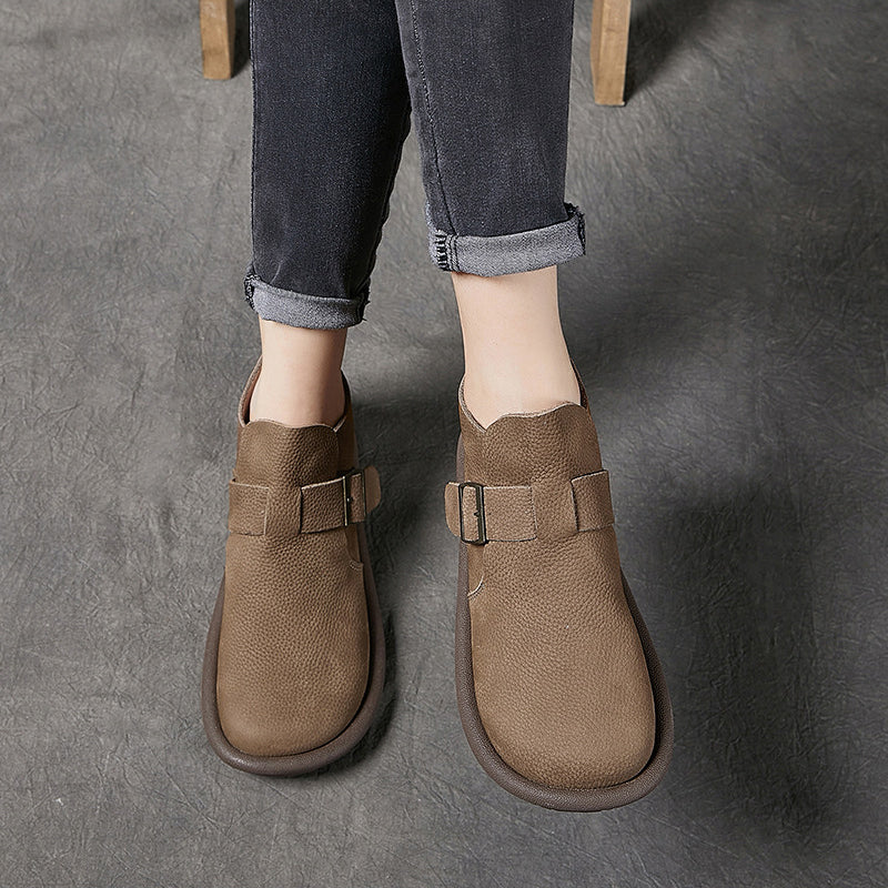 Women's Ankle Boots Leather Round Toe Retro Flat Shoes Casual Buckle Boots Khaki/Coffee