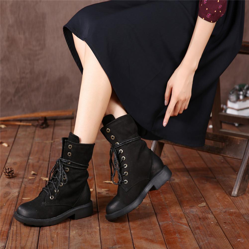 Women Retro Leather Lace Up Combat Boots Black/Brown/Khaki