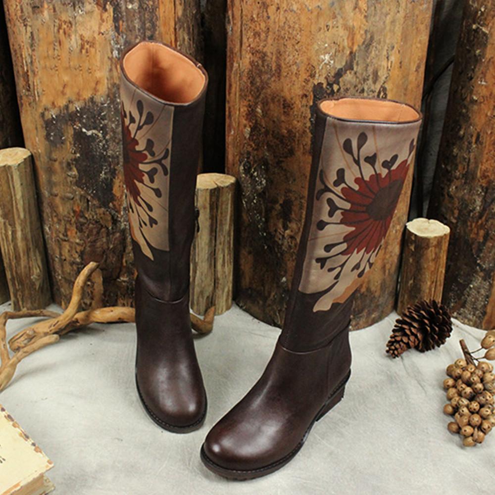Handmade Leather Knee High Boots Block Heel Biker Boots Retro Flowers
