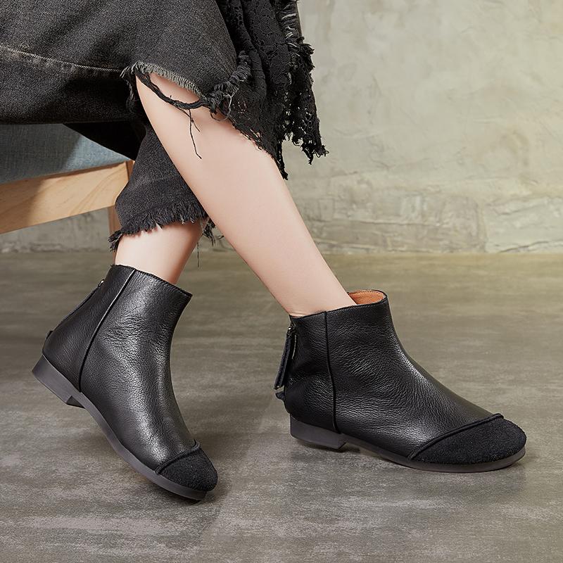Women Handmade Soft Leather Flats Loafers Boots Color Blocking Ankle Boots Original Design Coffee/Black