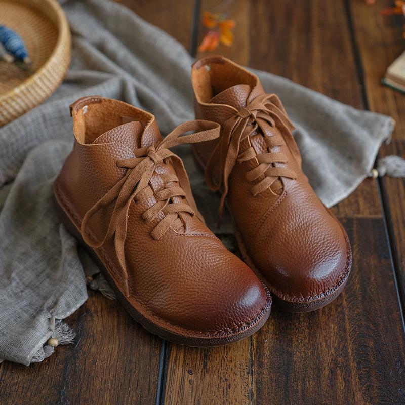 Handmade Genuine Leather Boots Lace-Up Combat Boots Retro Chunky Ankle Boots Coffee/Brown/Off White