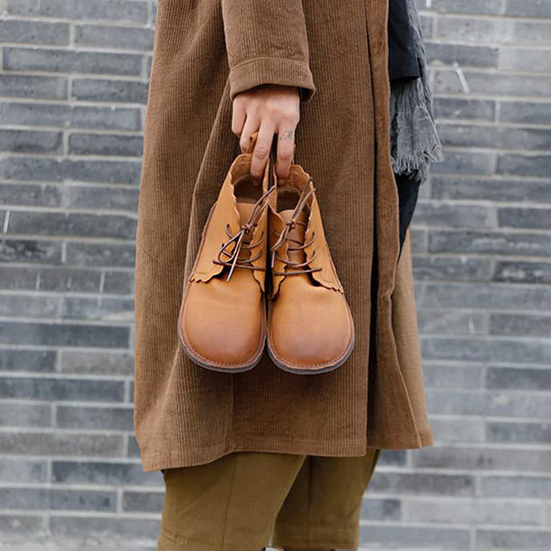 Women's Leather Booties Round Toe Lace-Up Flat Ankle Boots Handmade in Brown/Coffee