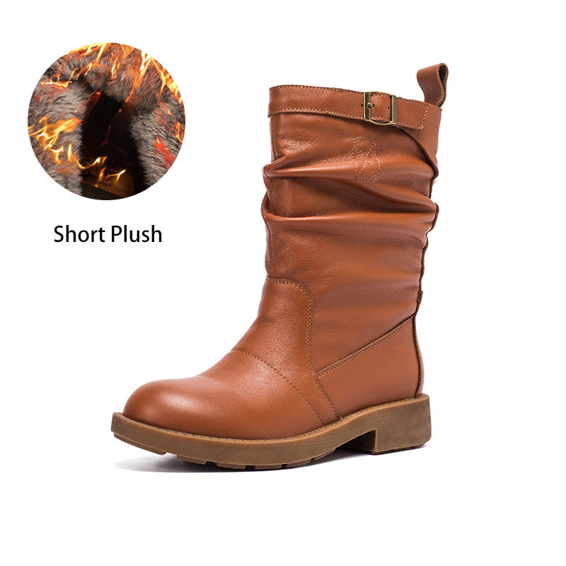 Soft Leather Mid Calf Boots Fold Design Riding Boots Short Plush Lined For Winter