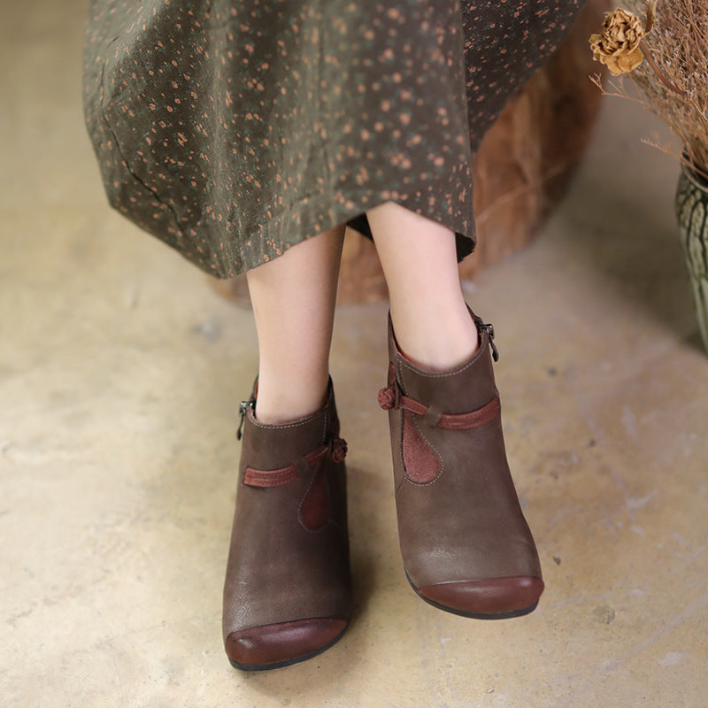 Women Calf Leather Ankle Boots Round Toe Flat Lace-Up Boots White/Brown/Coffee