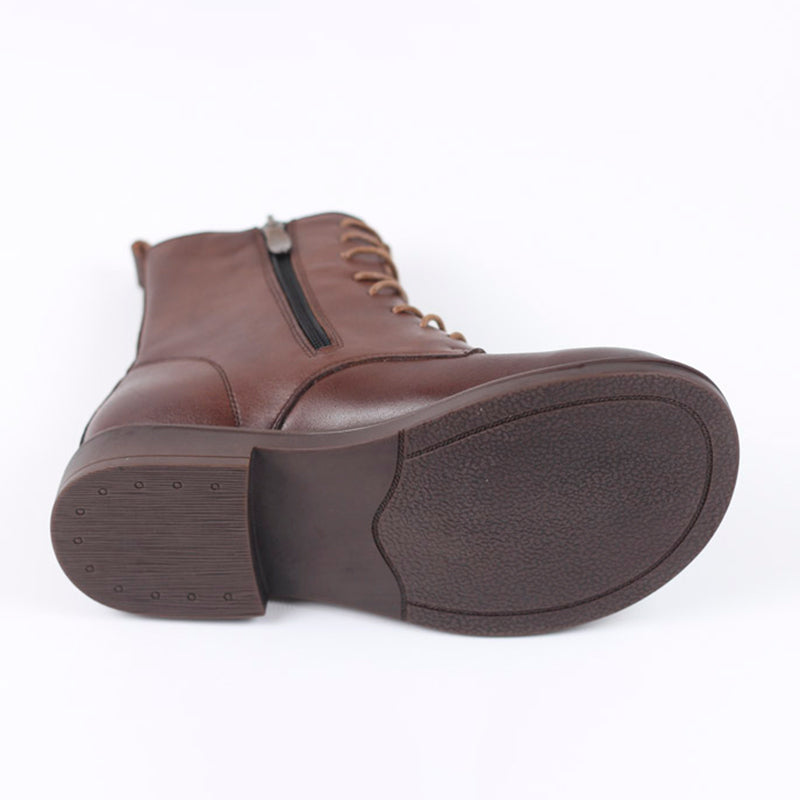 Women Leather Ankle Boots Soft Bottom Flat Round Toe Big-Head Retro Boots Coffee/Black