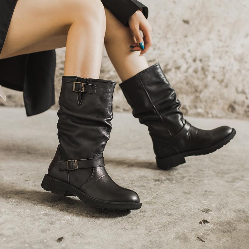 Waxing Leather Mid Calf Boots Fold Design Riding Boots Short Plush Lined Or Leather For Choice Apricot/Brown/Black
