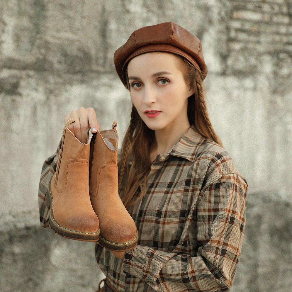 Womens Handmade Leather Ankle Boots Short Boots Side Zipper in Brown/Black