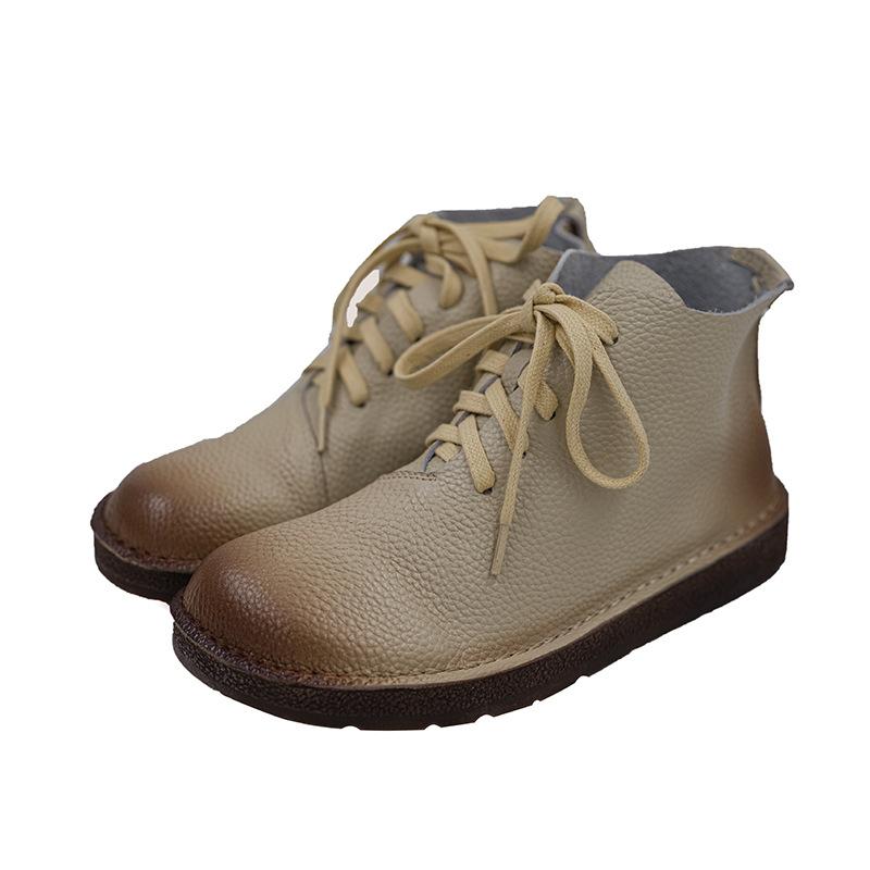 Handmade Genuine Leather Boots Lace-Up Combat Boots Retro Chunky Ankle Boots Coffee/Brown/Off White