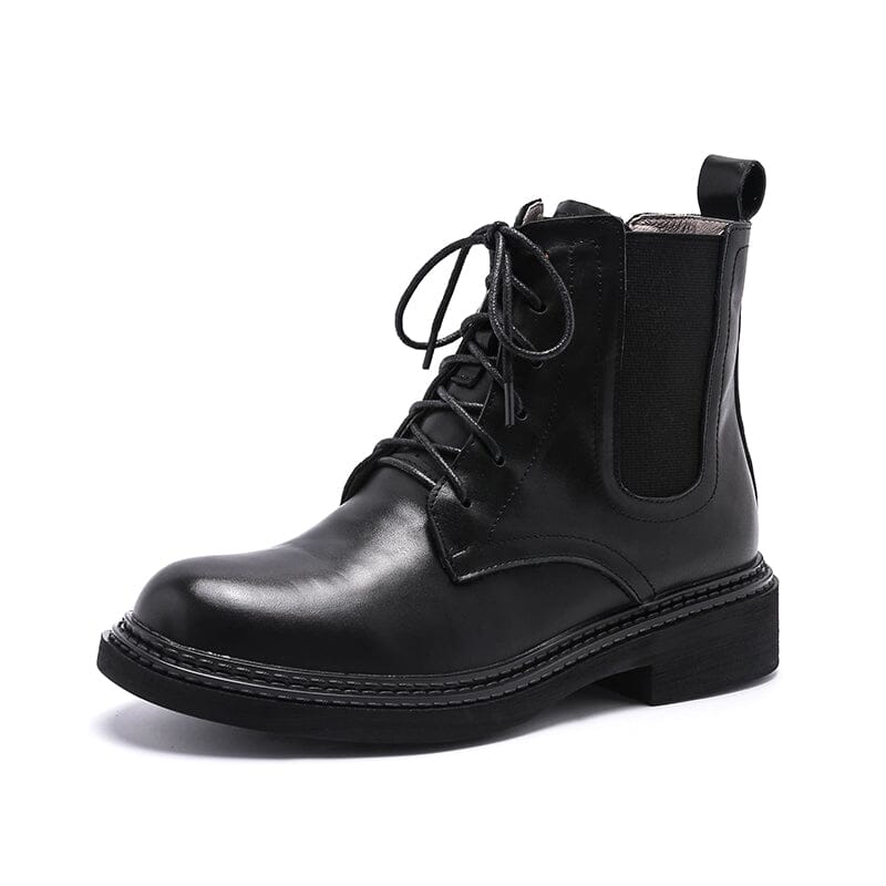 Handmade Boots Women Leather Lace-Up Oxfords Round Toe Chunky Ankle Booties