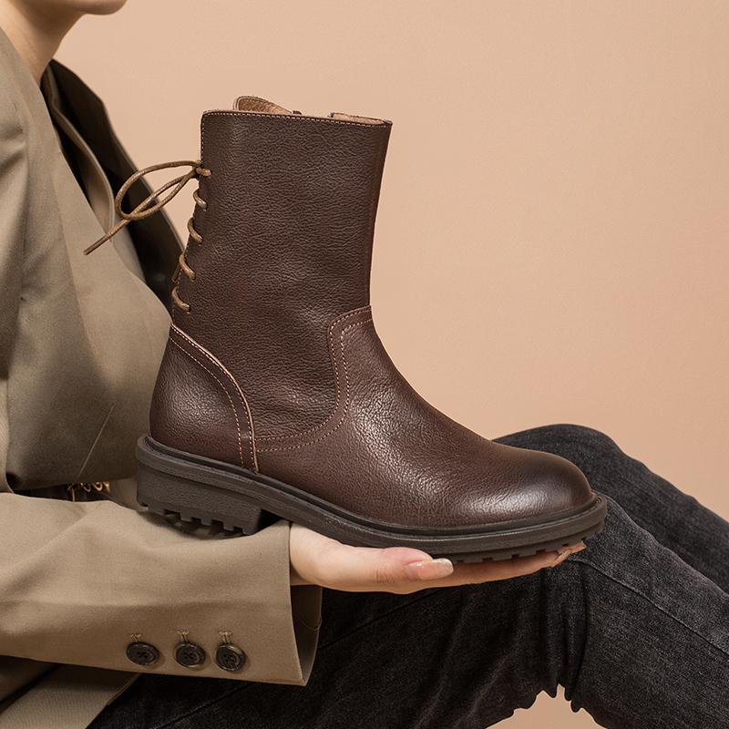 Leather Boots Designer Retro Chunky Riding Back Lace Handmade Coffee/Black/Yellow