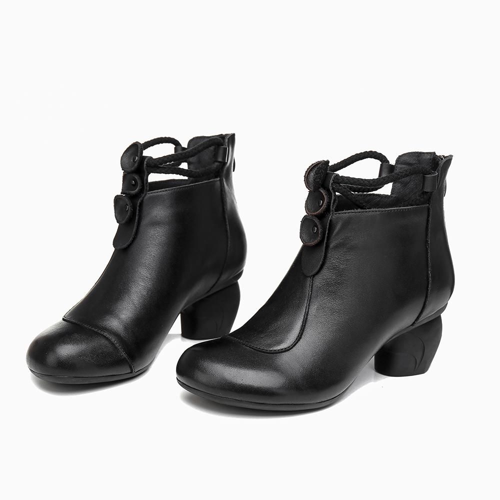 Retro Round Toe Women Ankle Boots Block Heels Back Zipper Coffee/Black