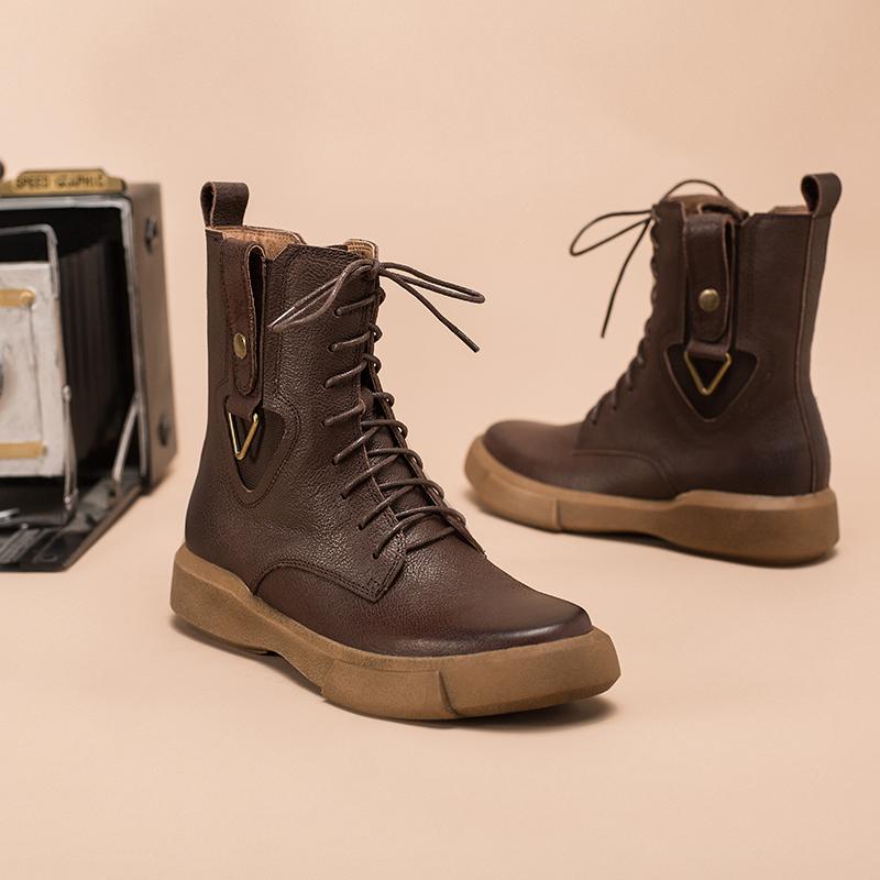 Leather Boots Designer Retro Chunky Riding Boots Side Heart Shape Handmade Coffee/Black/Yellow