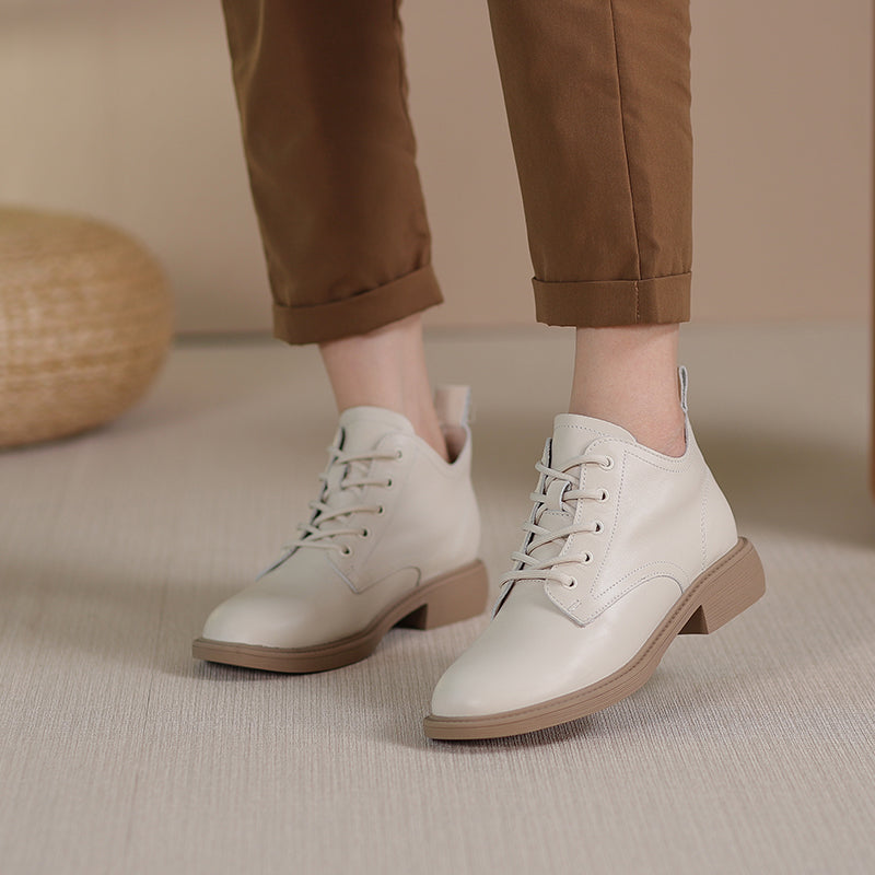 Handmade Genuine Leather Boots Lace-Up Combat Boots Retro Chunky Ankle Boots