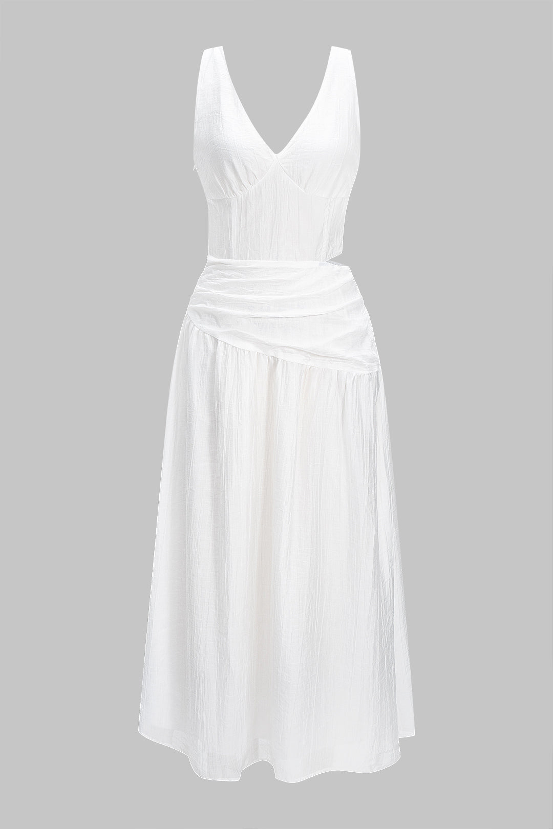V-Neck Cut Out Asymmetrical Ruched Sleeveless Midi Dress