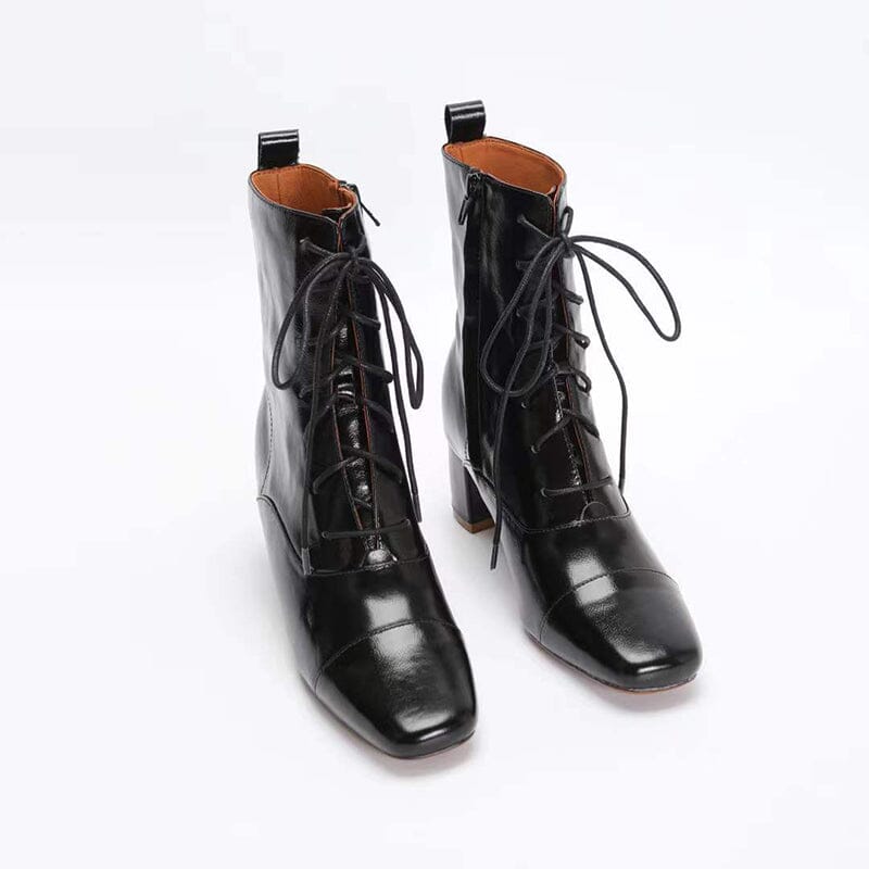 Lace-up Leather Ankle Boots Nude Slimming Boots Elegant Glove-Like Retro Boots Block Heel