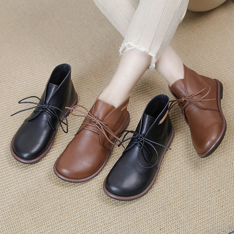 Women's Leather Booties Round Toe Lace-Up Flat Ankle Boots Handmade in Camel/Black