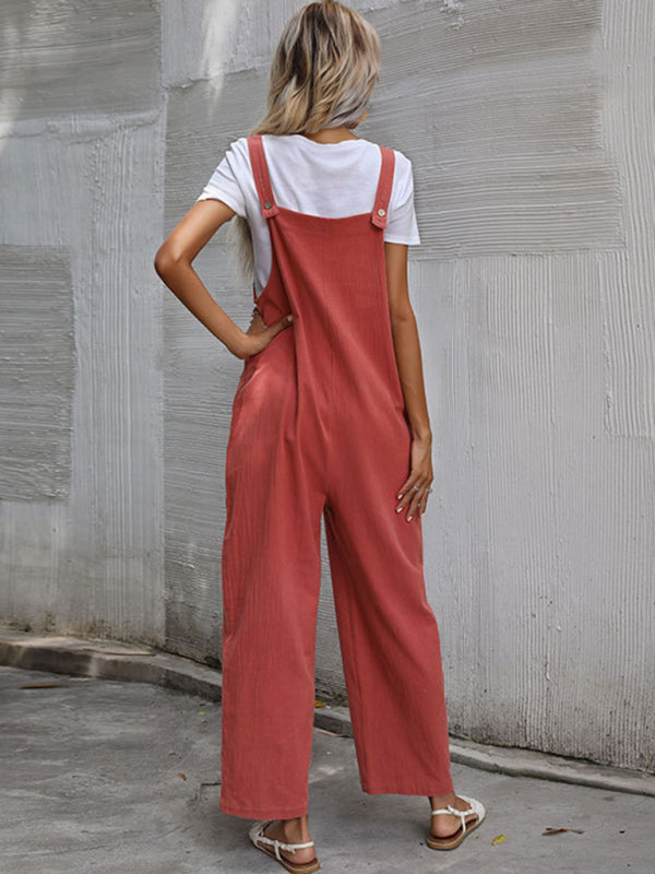 Trendy cotton and linen lazy style pure color sleeveless suspenders one-piece overalls for women