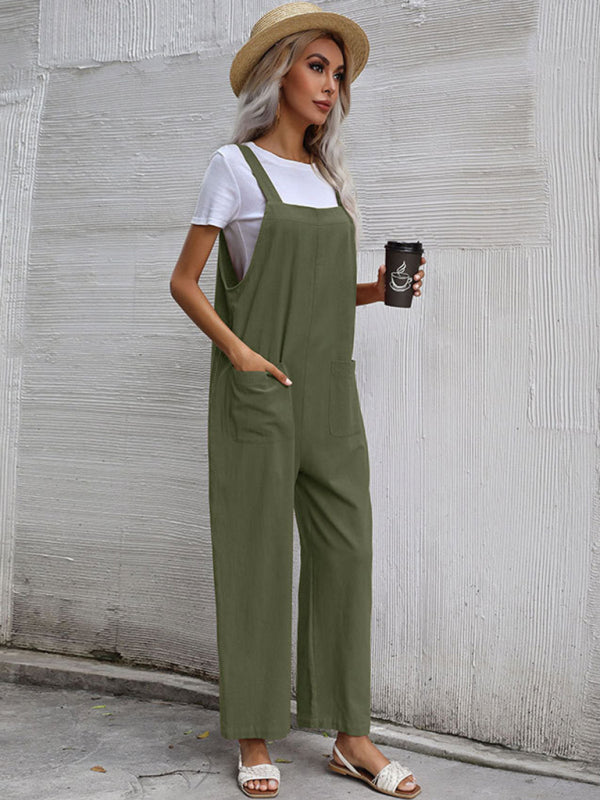 Trendy cotton and linen lazy style pure color sleeveless suspenders one-piece overalls for women