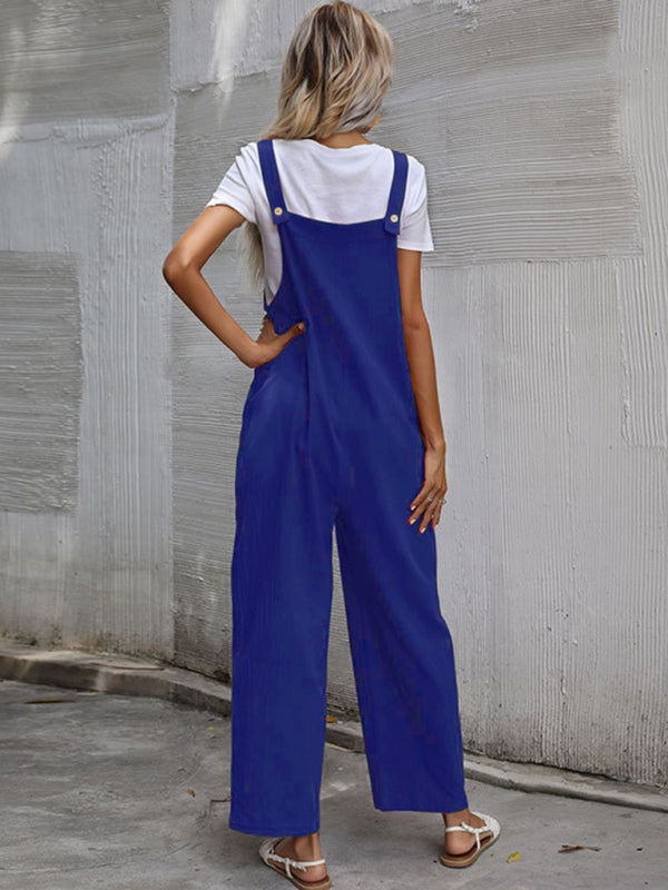 Trendy cotton and linen lazy style pure color sleeveless suspenders one-piece overalls for women