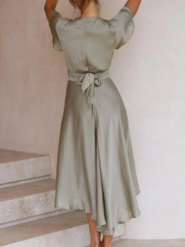 Summer sexy temperament women's short-sleeved V-neck irregular skirt dress