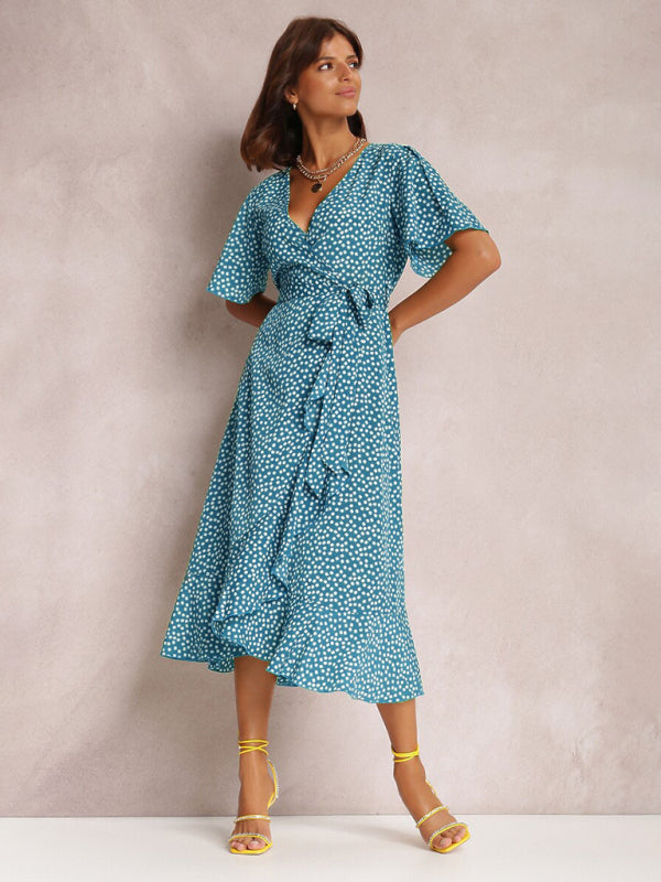 V-neck tie-print polka-dot short-sleeved dress