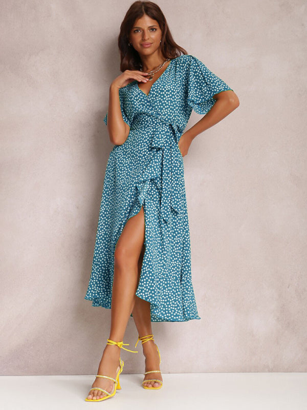 V-neck tie-print polka-dot short-sleeved dress