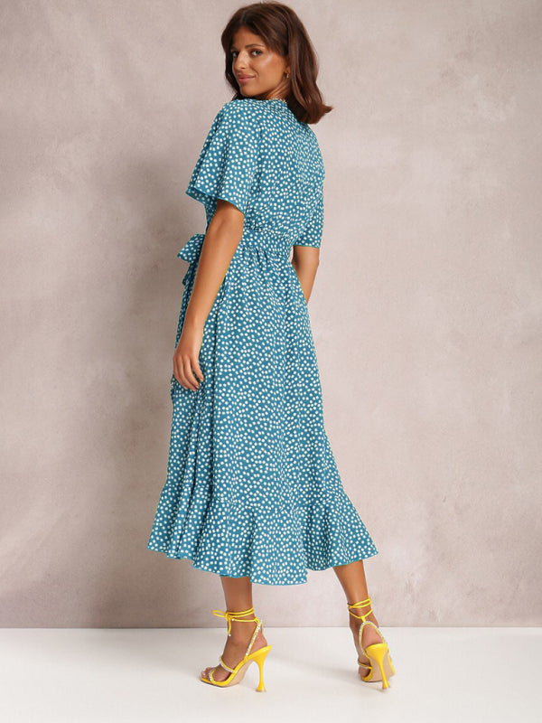 V-neck tie-print polka-dot short-sleeved dress