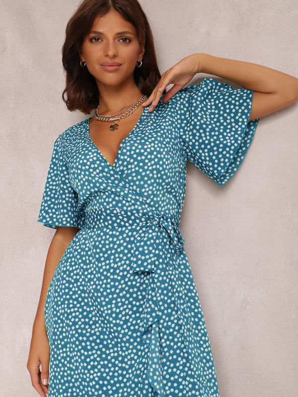 V-neck tie-print polka-dot short-sleeved dress