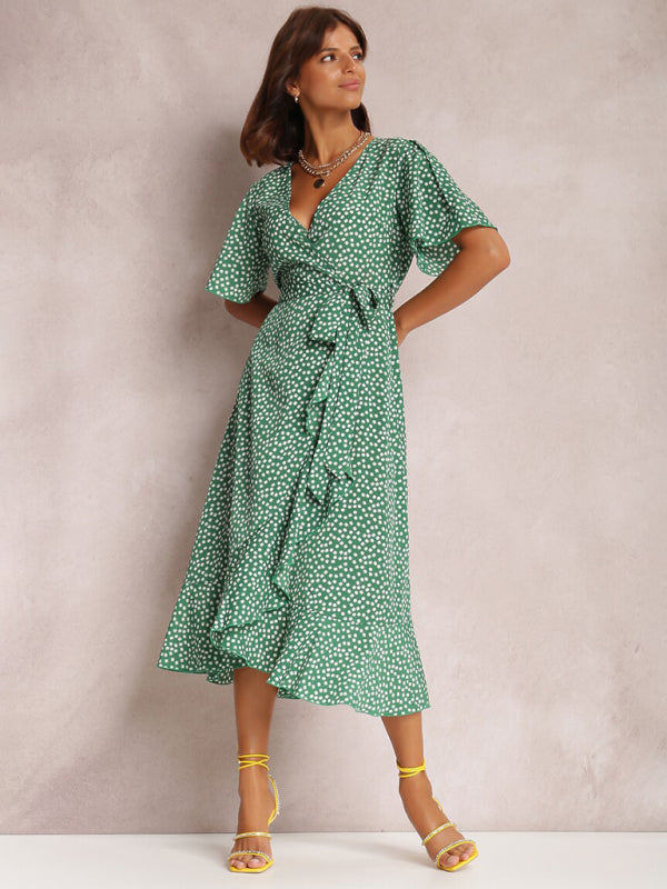 V-neck tie-print polka-dot short-sleeved dress