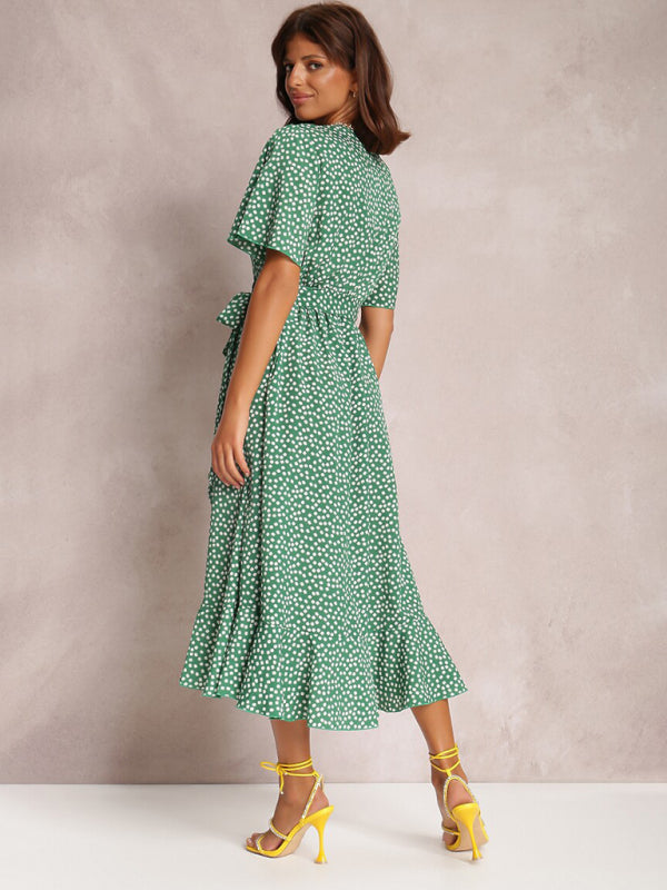 V-neck tie-print polka-dot short-sleeved dress