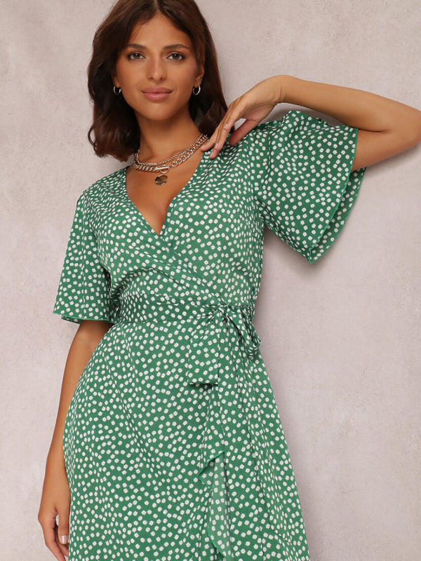 V-neck tie-print polka-dot short-sleeved dress