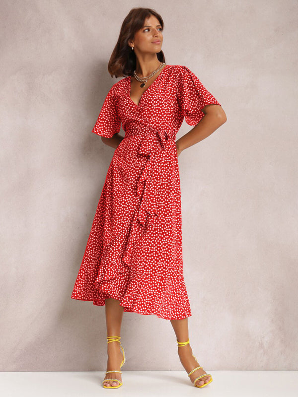 V-neck tie-print polka-dot short-sleeved dress