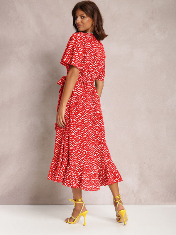 V-neck tie-print polka-dot short-sleeved dress