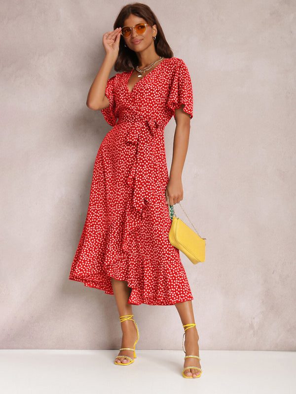 V-neck tie-print polka-dot short-sleeved dress
