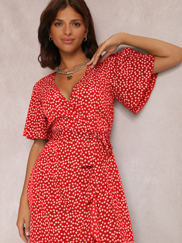 V-neck tie-print polka-dot short-sleeved dress