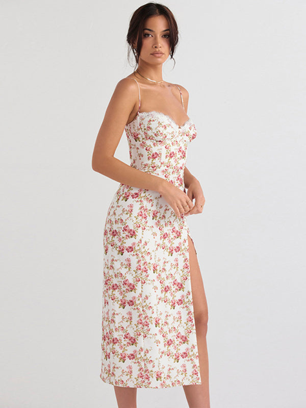 Women's fashion new small floral slit suspender dress